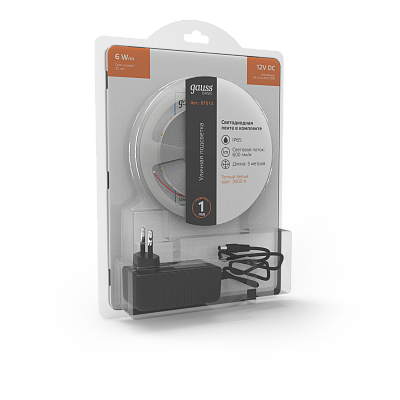 Лента Gauss Basic в комплекте LED 2835/60 12V 6W/m 600lm/m 3000K 8mm IP65 5м 1/50 BT013