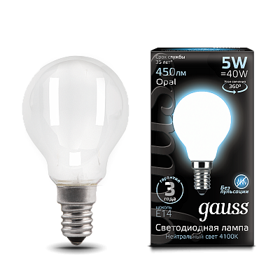 Лампа Gauss Filament Шар 5W 450lm 4100К Е14 LED 105201205