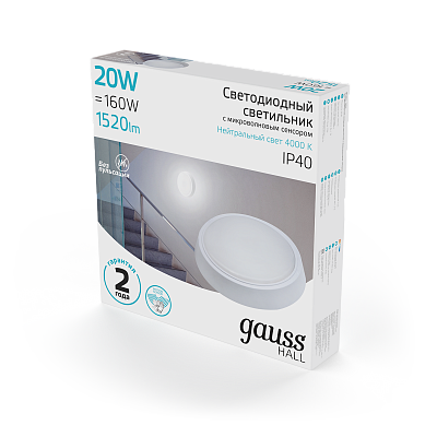 Точечный накладной светильник Gauss HALL 20W 1520lm 4000K 200-240V IP40 LED 193411220-S