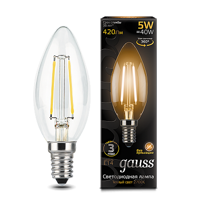 Лампа Gauss Filament Свеча 5W 420lm 2700К Е14 LED 103801105