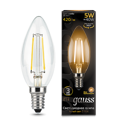 Лампа Gauss Filament Свеча 5W 420lm 2700К Е14 LED 103801105 (2 шт)