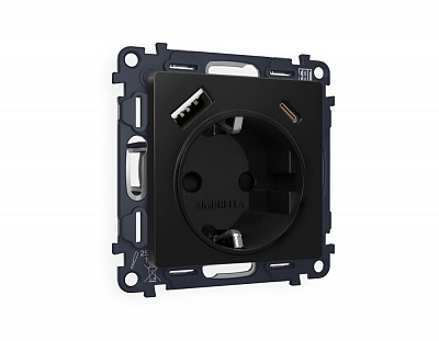 Комплект механизма электрической розетки ALFA MA810010 Черный матовый 2USB A+C 20W быстрая зарядка с заземлением и шторками 2P+E 16A-250V QUANT