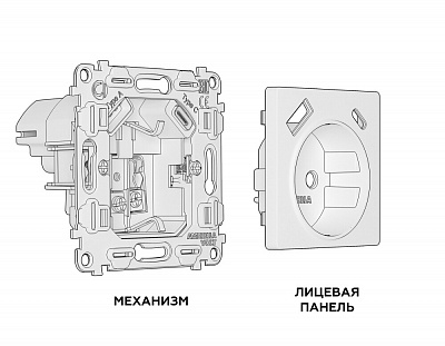Комплект механизма электрической розетки ALFA MA810010 Черный матовый 2USB A+C 20W быстрая зарядка с заземлением и шторками 2P+E 16A-250V QUANT