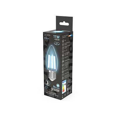 Лампа Gauss Filament Свеча 11W 830lm 4100К Е27 LED 1/10/50 103802211 (3 шт)