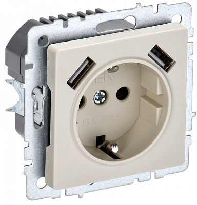 Розетка с заземлением и защитными шторками USB IEK Brite A+A 3,1А РЮш10-2-БрКр бежевый BR-R14-16-U21-D31-K10