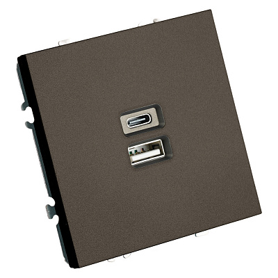 Розетка 2-местная USB + Type C (механизм), STEKKER Эмили, 250В, 20W, RST10-5115-09, антрацит, soft touch