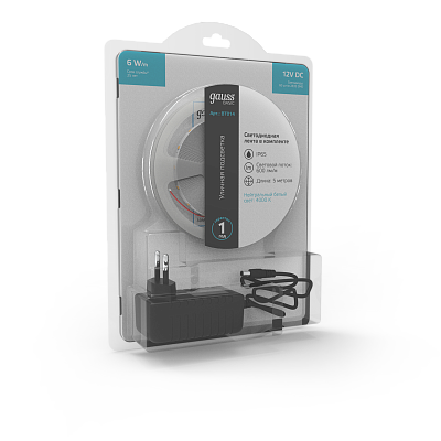 Лента Gauss Basic в комплекте LED 2835/60 12V 6W/m 600lm/m 4000K 8mm IP65 5м 1/50 BT014