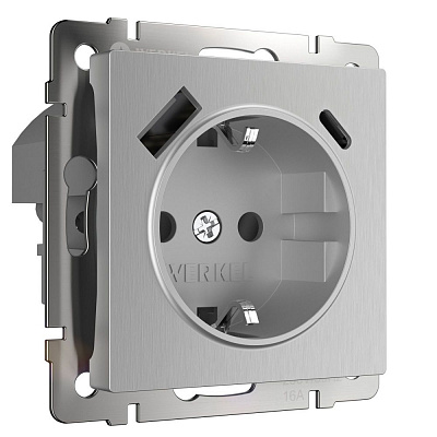 Розетка с заземлением и USB Werkel серебряный рифленый a056277