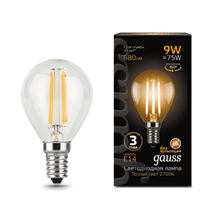 Лампа Gauss Filament Шар 9W 680lm 2700К Е14 LED 105801109