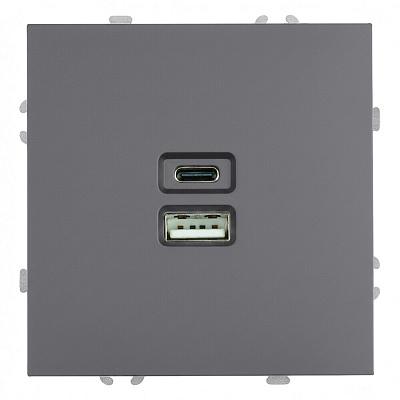 Розетка 2-местная USB + Type C (механизм), STEKKER Эмили, 250В, 20W, RST10-5115-10, платиново-серый, soft touch
