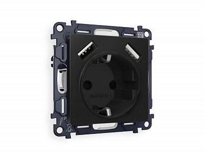 Комплект механизма электрической розетки ALFA MA809010 Черный матовый 2USB A+A 18W быстрая зарядка с заземлением и шторками 2P+E 16A-250V QUANT