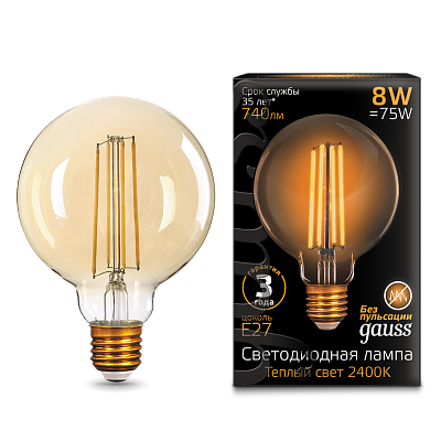 Лампа Gauss Filament G95 8W 740lm 2400К Е27 LED 105802008 (10 шт)