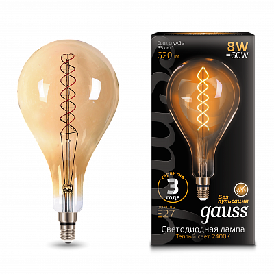Лампа Gauss Filament А160 8W 620lm 2400К Е27 LED 150802008 (20 шт)