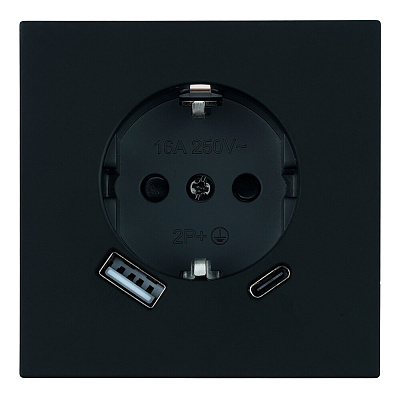 Розетка 1-местная з/ш с/з 16А + USB + Type C (механизм), STEKKER Мия, 250В, 20W, RST16-3119-05, черный бархат