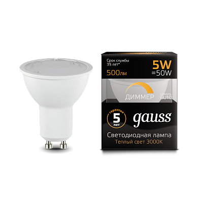 Лампа Gauss MR16 5W 500lm 3000K GU10 LED 101506105-D