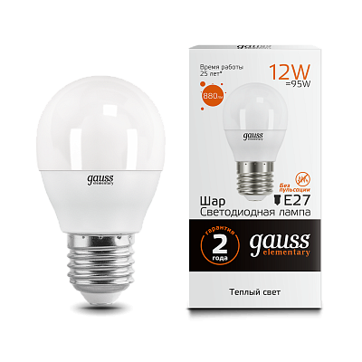 Лампа Gauss Elementary Шар 12W 880lm 3000K Е27 LED 53212