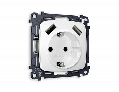 Комплект механизма электрической розетки OMEGA MO109010 Белый глянец 2USB A+A 18W быстрая зарядка с заземлением и шторками 2P+E 16A-250V QUANT
