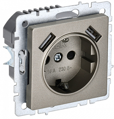 Розетка с заземлением и защитными шторками USB IEK Brite A+A 2,1А РЮш10-1-БрШ шампань BR-R14-16-U21-D21-K37