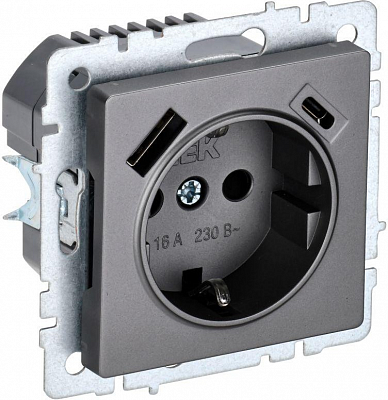 Розетка с заземлением и защитными шторками USB IEK Brite A+C 18Вт РЮш11-1-БрС сталь BR-R14-16-U22-018-K46