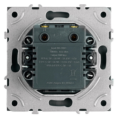 Розетка 2-местная USB + Type C (механизм), STEKKER Эмили, 250В, 20W, RST10-5115-10, платиново-серый, soft touch