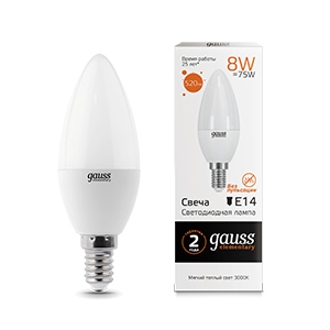 Лампа Gauss Elementary Свеча 8W 520lm 3000K Е14 LED 33118 (2 шт)