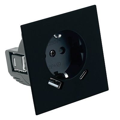 Розетка 1-местная з/ш с/з 16А + USB + Type C (механизм), STEKKER Мия, 250В, 20W, RST16-3119-05, черный бархат