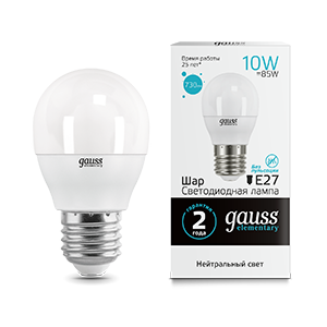 Лампа Gauss Elementary Шар 10W 730lm 4100K Е27 LED 53220