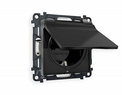 Комплект механизма электрической розетки ALFA MA808010 Черный матовый  с заземлением с шторками и защитной крышкой 2P+E 16A-250V IP44 QUANT