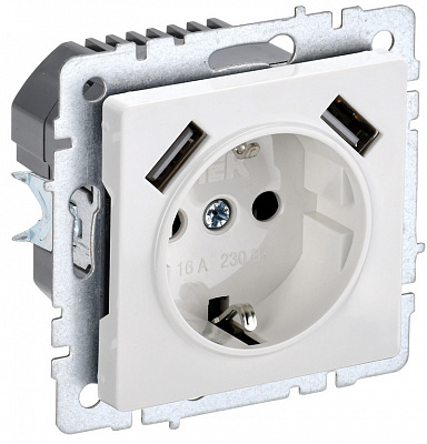Розетка с заземлением и защитными шторками USB IEK Brite A+A 3,1А РЮш10-2-БрБ белый BR-R14-16-U21-D31-K01