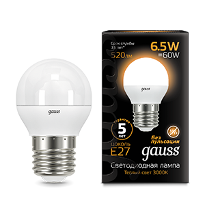 Лампа Gauss Шар 6.5W 520lm 3000K E27 LED 105102107