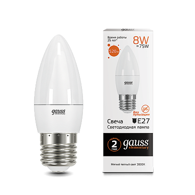 Лампа Gauss Elementary Свеча 8W 520lm 3000K Е27 LED 33218
