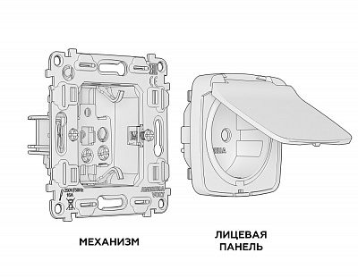Комплект механизма электрической розетки OMEGA MO108010 Белый глянец с заземлением с шторками и защитной крышкой 2P+E 16A-250V IP44 QUANT