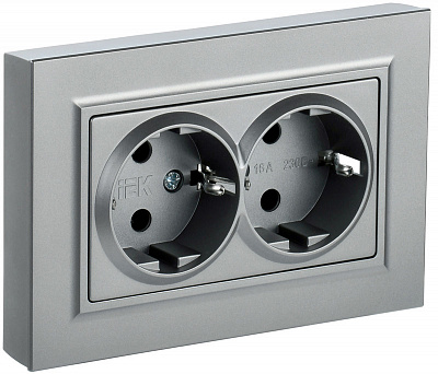Розетка двойная с заземлением и защитными шторками IEK Brite РСш12-3-БрА алюминий BR-R24-16-K47-F