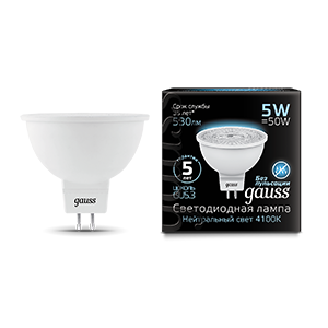 Лампа Gauss MR16 5W 530lm 4100K GU5.3 LED 101505205 (15 шт)