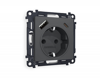 Комплект механизма электрической розетки ALFA MA910010 Графит мягкое касание 2USB A+C 20W быстрая зарядка с заземлением и шторками 2P+E 16A-250V QUANT