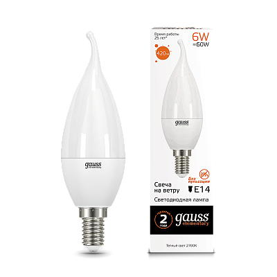 Лампа Gauss Elementary Свеча на ветру 6W 420lm 3000K Е14 LED 34116 (12 шт)