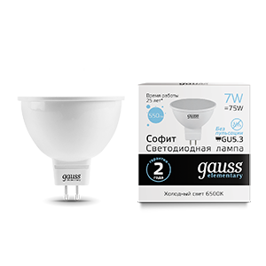 Лампа Gauss Elementary MR16 7W 570lm 6500K GU5.3 LED 13537 (15 шт)