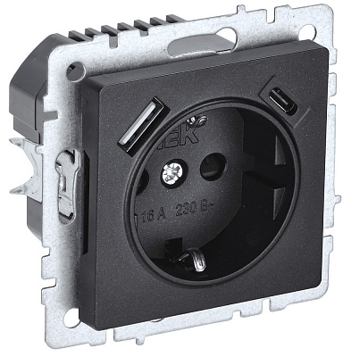 Розетка с заземлением и защитными шторками USB IEK Brite A+C 18Вт РЮш11-1-БрЧ черный BR-R14-16-U22-018-K02