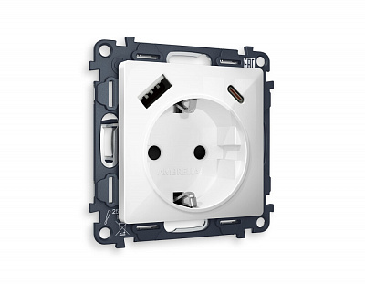 Комплект механизма электрической розетки ALFA MA110010 Белый глянец 2USB A+C 20W быстрая зарядка с заземлением и шторками 2P+E 16A-250V QUANT