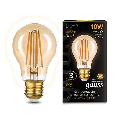 Лампа Gauss Filament А60 10W 820lm 2400К Е27 golden LED 102802010