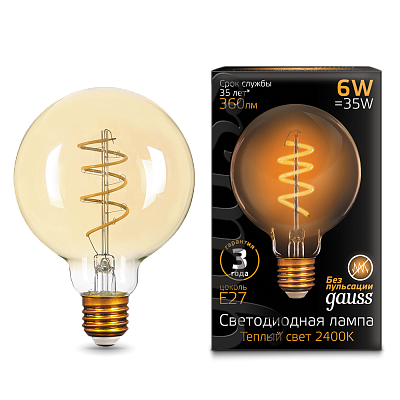 Лампа Gauss Filament G95 6W 360lm 2400К Е27 LED 105802007 (20 шт)