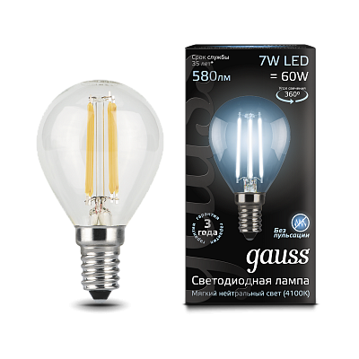 Лампа Gauss Filament Шар 7W 580lm 4100К Е14 LED 105801207