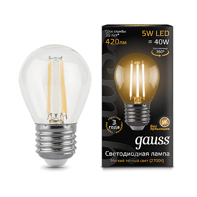 Лампа Gauss Filament Шар 5W 420lm 2700К Е27 LED 105802105 (10 шт)