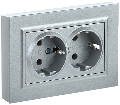 Розетка двойная с заземлением и защитными шторками IEK Brite РСш12-3-БрС сталь BR-R24-16-K46-F
