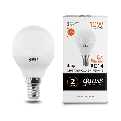 Лампа Gauss Elementary Шар 10W 710lm 3000K Е14 LED 53110