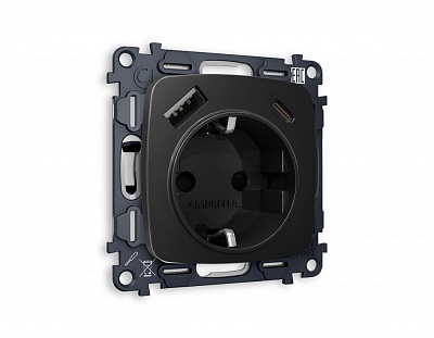 Комплект механизма электрической розетки OMEGA MO810010 Черный матовый 2USB A+C 20W быстрая зарядка с заземлением и шторками 2P+E 16A-250V QUANT