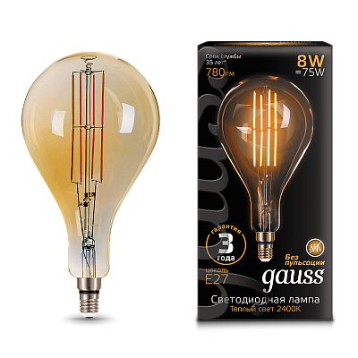 Лампа Gauss Filament А160 8W 780lm 2400К Е27LED 149802008 (20 шт)