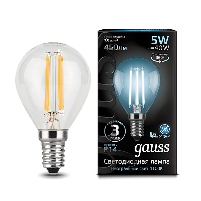 Лампа Gauss Filament Шар 5W 450lm 4100К Е14 LED 105801205
