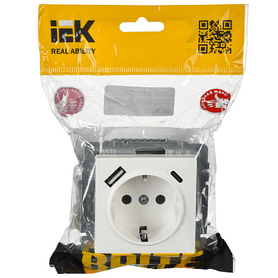 Розетка с заземлением и защитными шторками USB IEK Brite A+C 18Вт РЮш11-1-БрБ белый BR-R14-16-U22-018-K01