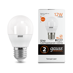 Лампа Gauss Elementary Шар 12W 880lm 3000K Е27 LED 53212